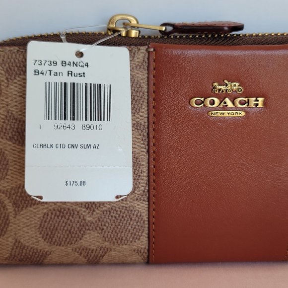 COACH Signature Logo Coated Canvas & Leather Slim Accordion Zip Wallet- Tan Rust - Picture 15 of 16